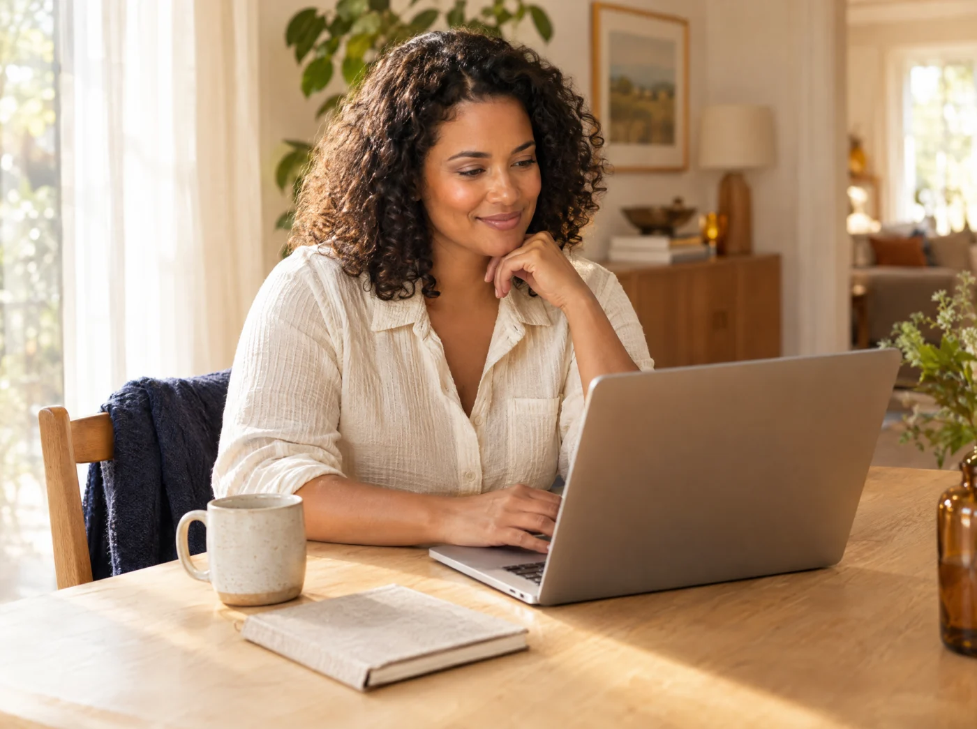Woman using a laptop at a sunlit table at home