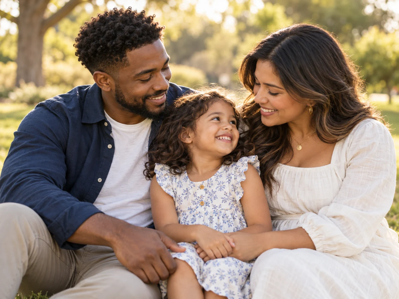 Two parents smiling with their young child outdoors in warm sunlight